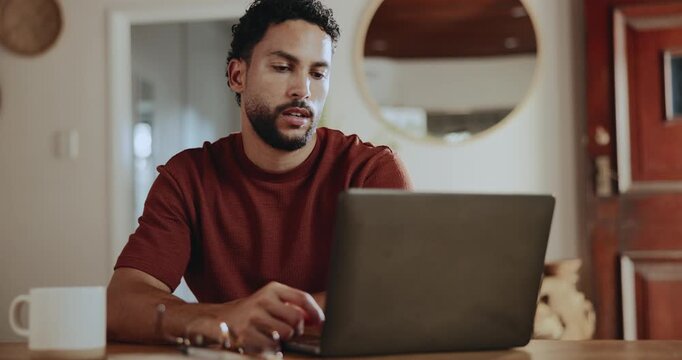 Remote work from home, laptop and man with stress, thinking and deadline for article. Person, glasses and journalist with pc, frustrated and email for submission, rejection and bad review for column