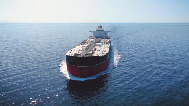 Aerial view of a crude oil super tanker ship traveling with speed over the calm ocean