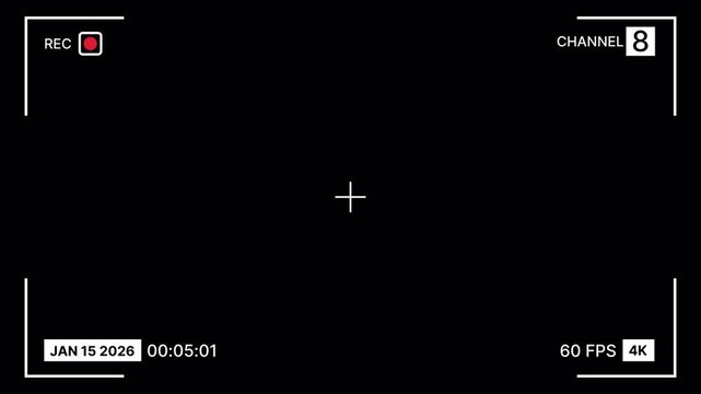 Modern tv broadcast screen recording overlay on black background with rec indicator, channel number, date stamp, timer and status resolution display for live news, streaming and media production
