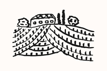 Naklejka premium Hand drawn vineyards with house emblem for liquor store, on white background, vector illustration.
