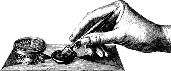 Naklejka premium Vintage engraving of writer sealing letter with wax seal for retro design and print