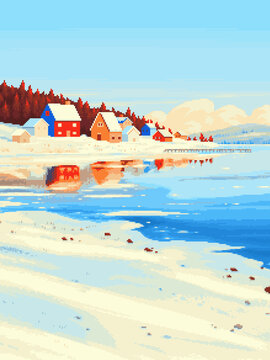 Minimalist winter pixel art illustration of a snowy coastal scene for tablet and print.