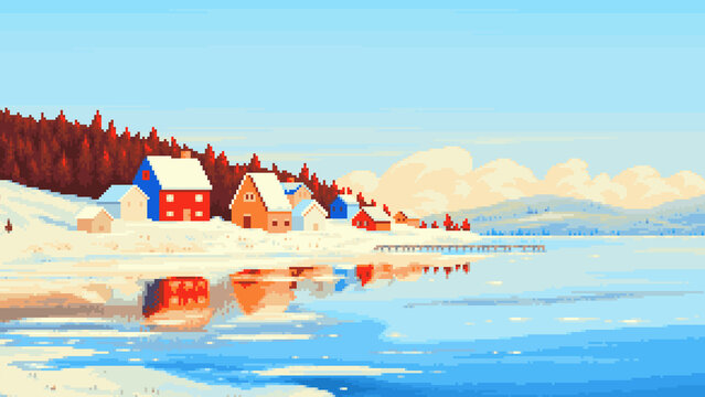 Cinematic winter pixel art landscape of a snowy coastal village for desktop background.