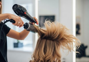 Fototapeta premium Dynamic action shot of a stylist using a round brush and a professional hairdryer to create a bouncy blowout on a woman with long blonde hair.