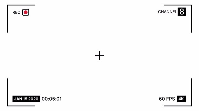 Modern tv broadcast screen recording overlay on white background with rec indicator, channel number, date stamp, timer and status resolution display for live news, streaming and media production