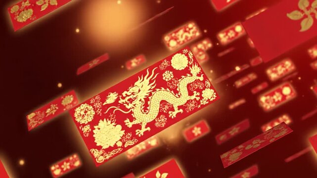 Chinese new year red envelope background gold dragon pattern festive lunar celebration prosperity luck wealth culture tradition happiness blessing floral fantasy glow bloom over glowing red