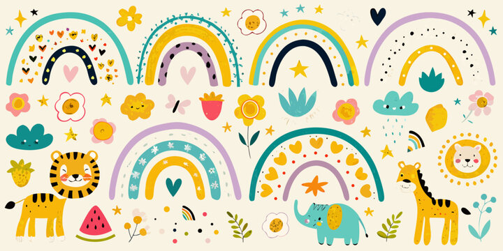 Colorful rainbows animals and floral elements in a playful illustration