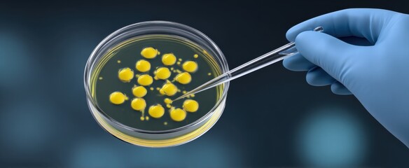 A gloved hand dances with a pipette over a petri dish of sunny yellow bacteria.