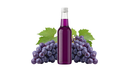 Fototapeta premium Rich purple syrup bottle with fresh grapes and leaves arrangement