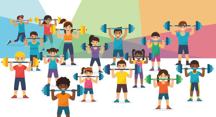 Diverse Group of Cartoon Characters Exercising with Weights.