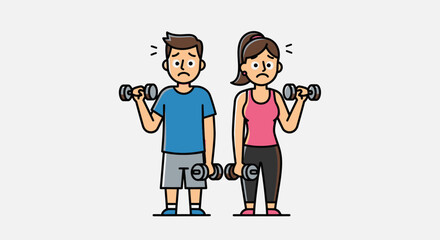 Cartoon Man and Woman Exercising with Dumbbells.