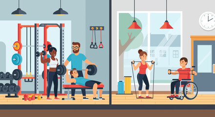 People Exercising in Modern Fitness Gym.