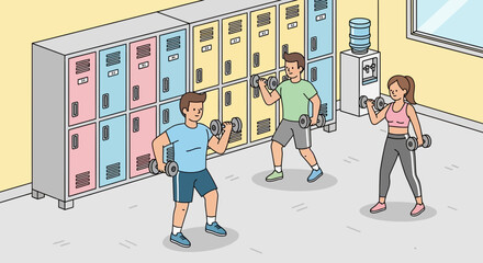 People Exercising with Dumbbells in Locker Room.