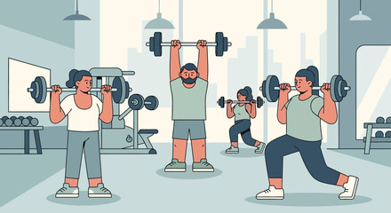 People Exercising with Dumbbells in Gym.