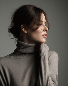 side profile portrait of a beautiful young woman wearing a luxury grey turtleneck sweater