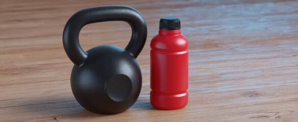 Obraz premium Kettlebell and sports drink shine like stars on a hardwood floor in a chic workout room