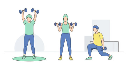 People Exercising with Dumbbells and Lunge.