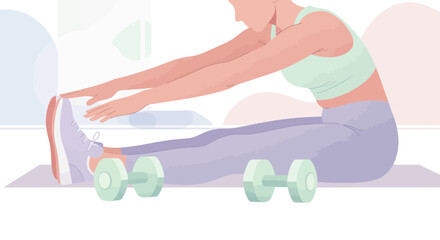 Woman Stretching on Yoga Mat with Dumbbells.