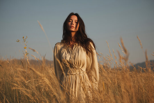 beautiful young woman in rustic linen dress standing in dry grass field at golden hour