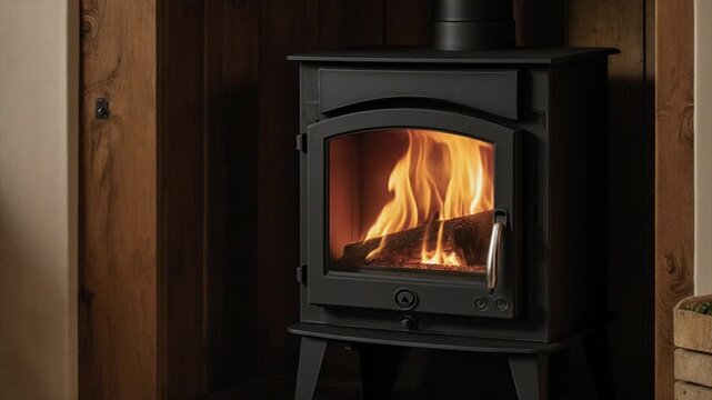 ガラス越しに見る薪ストーブの温かい炎（シネマグラフ風）