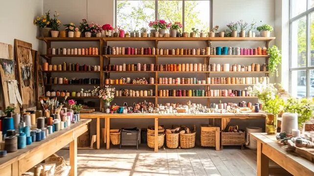 A well-lit craft store interior with shelves full of colorful spools of thread and flowers.