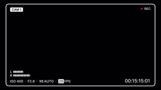 Minimalist camera screen recording overlay on black background with cam label, rec indicator, timer, stereo audio levels and detailed settings for filmmaking, broadcast and multimedia. 4K Video