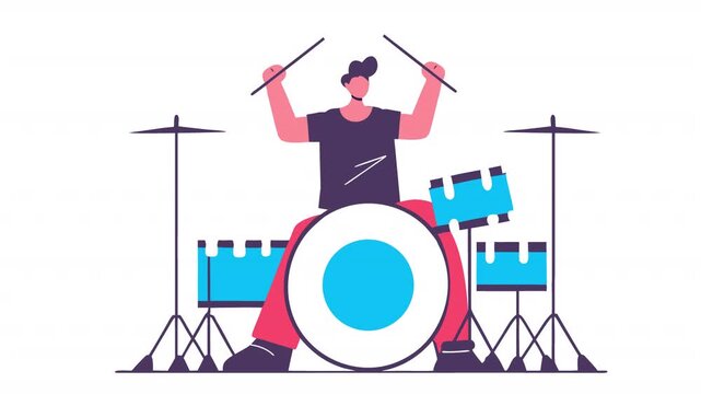 Dynamic drummer. Drum kit animation, alpha channel. Cartoon