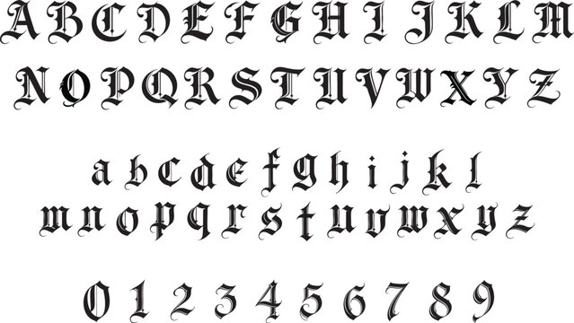 Bold gothic blackletter alphabet letters Old English style font with uppercase, lowercase, and numbers Decorative medieval typeface for tattoo, logo, and vintage design Clean scalable vector lettering
