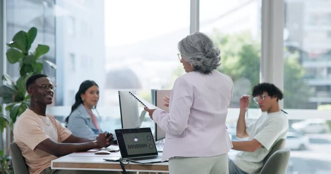 Staff, speaking or manager with document in digital agency, project briefing or app prototype deadline. Testing report, system requirements or people with guidelines for programming, meeting or talk