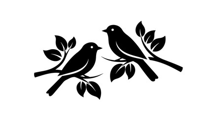 Fototapeta premium Cute cartoon vector illustration of a bullfinch bird with black wings and a sharp beak perched on a tree branch with green leaves and spring flowers in a flat nature art design