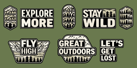 Collection of outdoor adventure badges with mountain and forest motifs © Juran