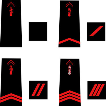 Ensemble de galons de l'arm&eacute;e de terre fran&ccedil;aise: Sapeur-Pompier du civil: Sapeur 1&egrave;re et 2&egrave;me classe, Caporal, Caporal-chef