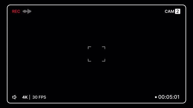 Modern multi cam recording screen overlay on black background with cam label, rec indicator, timecode and 4k 30 fps display with audio status icon for live production, streaming, filmmaking. 4K Video