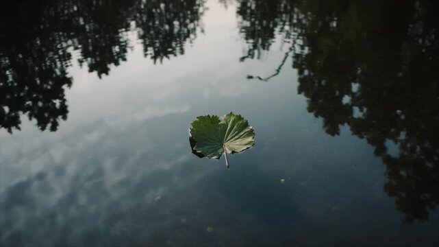 水面に浮かぶ一枚の葉と波紋の広がり