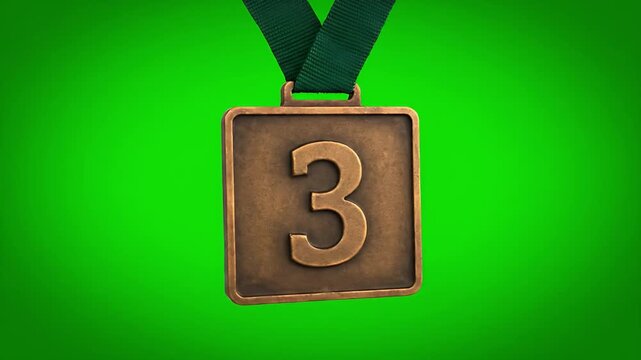 Bronze medal for third place showing number three on a square metallic plaque hanging from a green ribbon against a vibrant green screen background ready for keying
