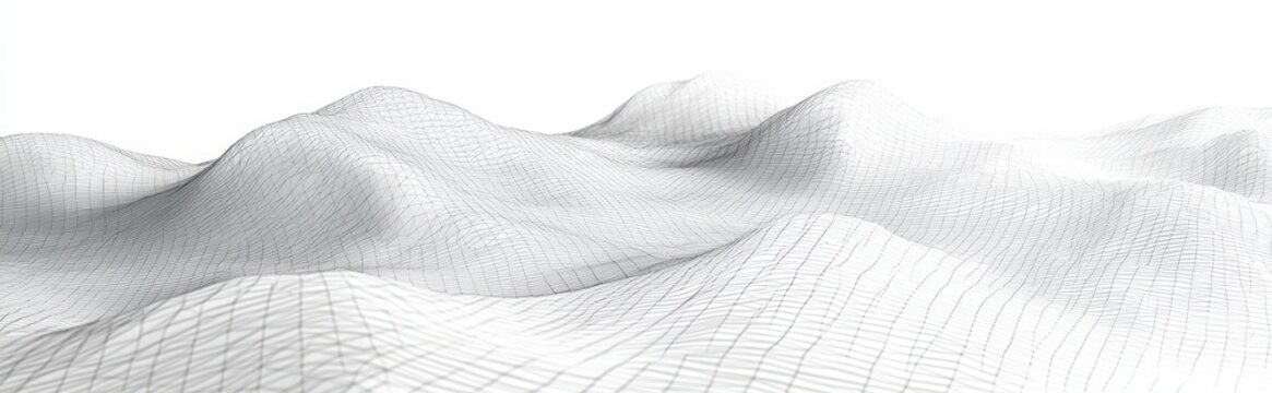 monochrome wireframe landscape of undulating mesh hills and grid lines on a white background conveying calm minimal futuristic serenity