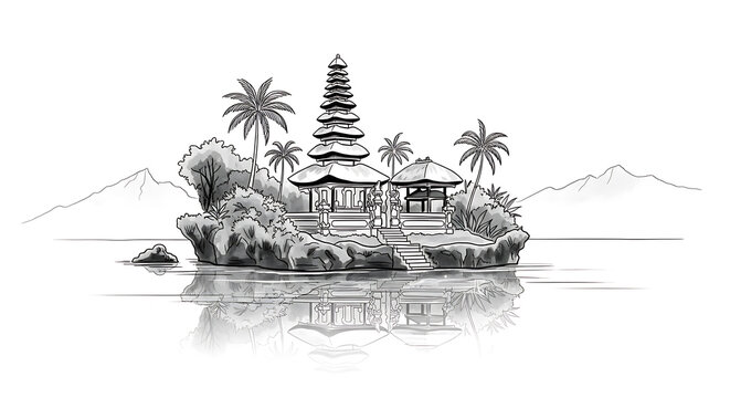 Pura Ulun Danu Beratan Inspired Illustration of Lake Bratan Bali