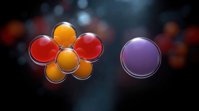 Floating cluster of glossy red and orange orbs alongside a solitary purple orb on a dark bokeh background, evoking quiet curiosity and gentle isolation
