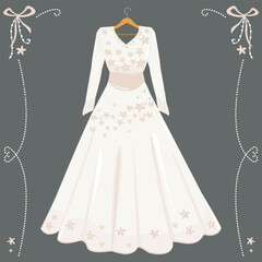 Pretty white wedding dress decorated with flowers on a hanger. Beautiful bridal elegant gown for reception, stylish background with ribbons and pearls. Vector illustration