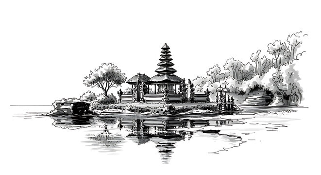 Hand Drawn Black and White Pagoda Temple on Water Reflection
