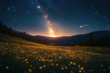 Fototapeta premium Starry night meadow with glowing horizon, milky way and a meteor streaking over fields of yellow wildflowers and silhouetted pine forests, serene and awe-inspiring