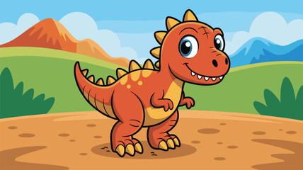 Cute cartoon dinosaur illustration, happy T Rex character in prehistoric landscape background for kids education design use © Mosharaf Creative