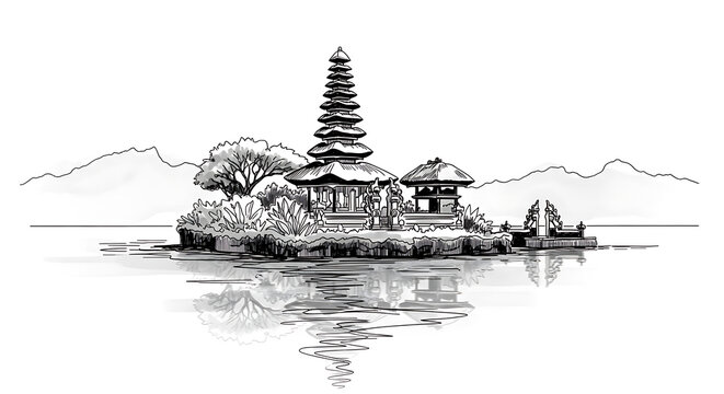 Minimalist Zen Style Illustration of Balinese Hindu Water Temple