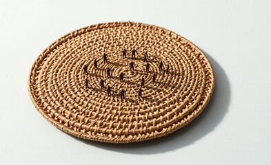 A hyperrealistic photograph depicts tiny figures navigating a complex seagrass placemat labyrinth, a captivating miniature world.