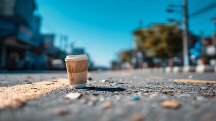 Disposable Coffee Cup on Polluted City Street Asphalt