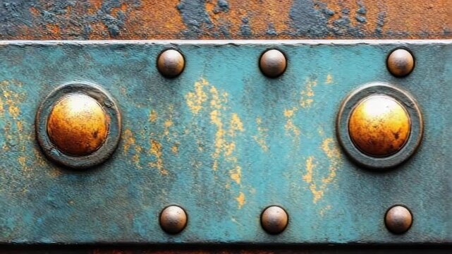 Close-up of weathered, textured surface with rivets, combining blue, orange, and brown hues