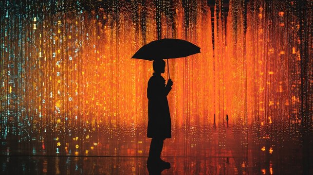 Silhouette of a woman holding an umbrella in a rain of binary code