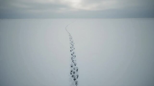 真っ白な雪原に残る足跡とドローン撮影