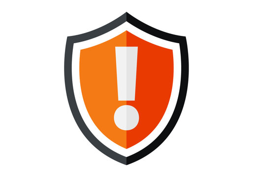 Escudo de seguridad en color naranja con un signo de exclamaci&oacute;n blanco en el centro de aviso