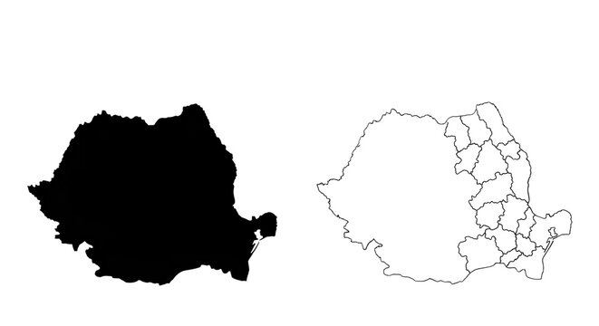 Map of romania in black and outline styles on transparent background